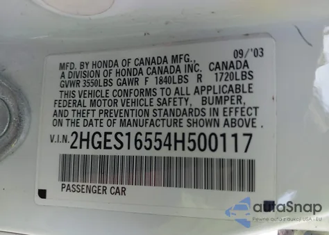 2004 Honda Civic Lx from USA, damaged, VIN 2HGES16554H500117